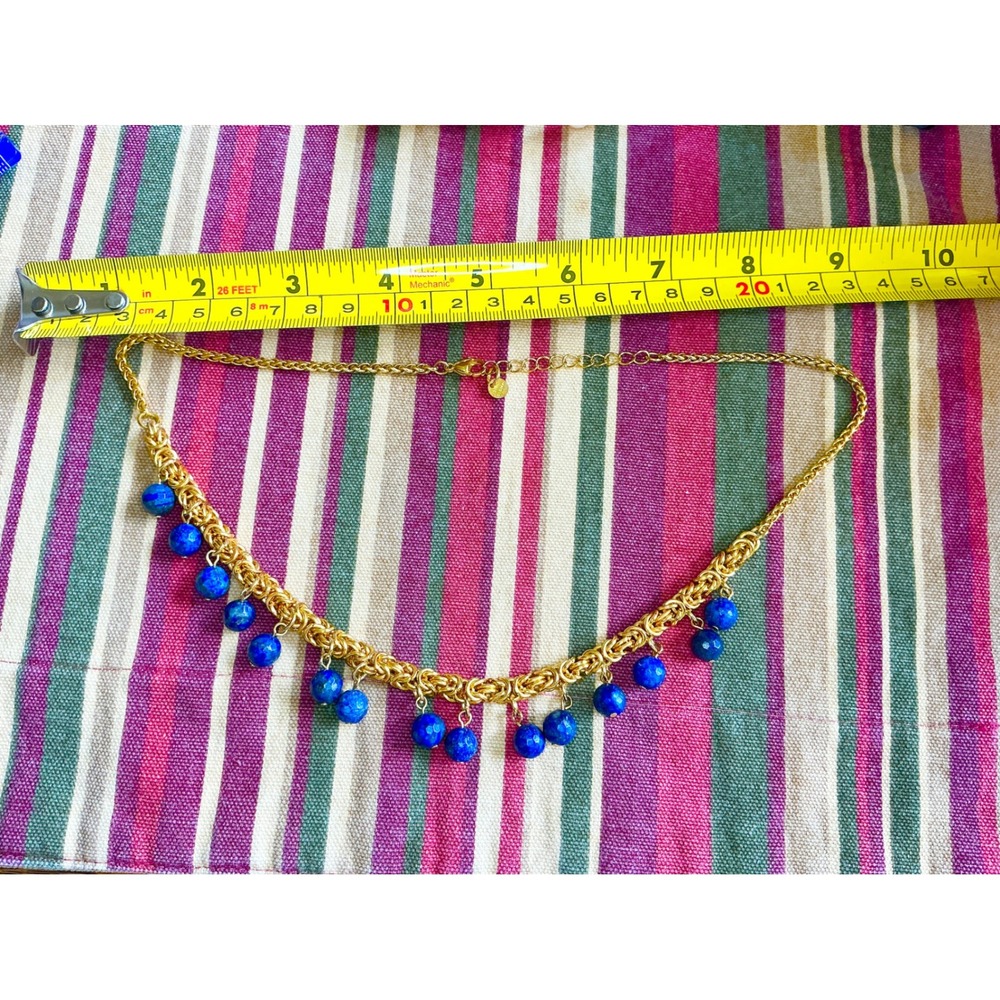 Gold Tone Chain Necklace with Lapis Lazuli Style Blue Bead Dangles - Picture 2 of 7